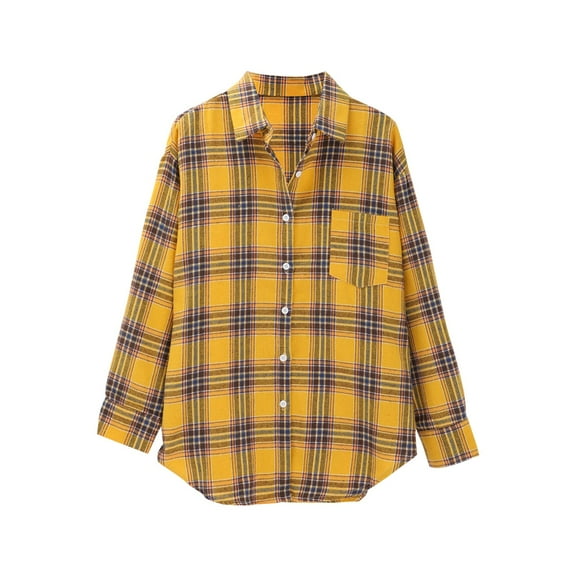 Plaid Shirts for Women, Yigetop Spring and Autumn Women's Checkered Shirt New Retro Style Loose Long Sleeved Shirt Coat Womens Plaid Shirts Gold L