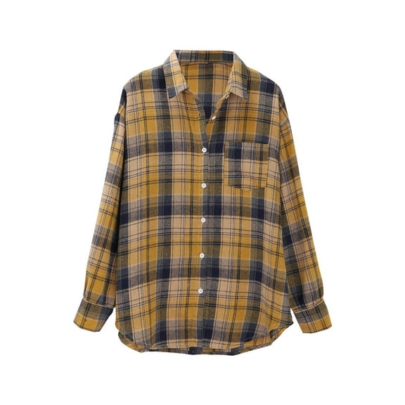 Plaid Shirts for Women, Yigetop Spring and Autumn Women's Checkered Shirt New Retro Style Loose Long Sleeved Shirt Coat Womens Plaid Shirts Yellow S