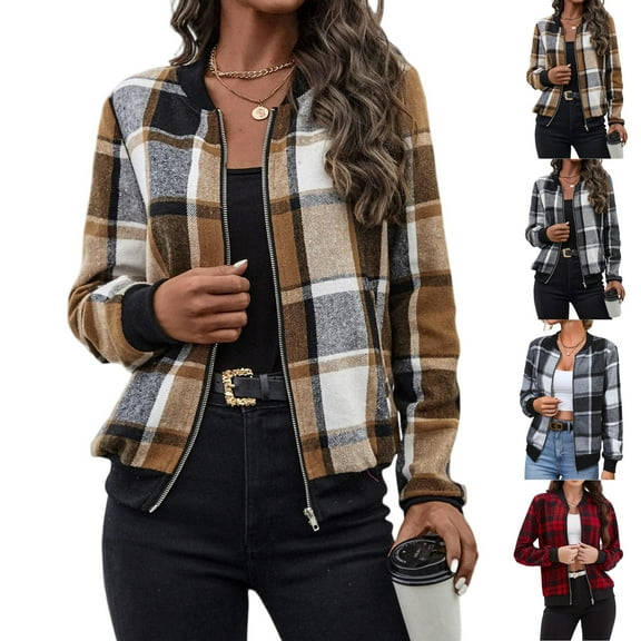 Plaid Shirts for Women Zip Up Shackets Jackets Casual Long Sleeve Flannel Jacket Fall Outfits for Women 2025 Deep Red XS