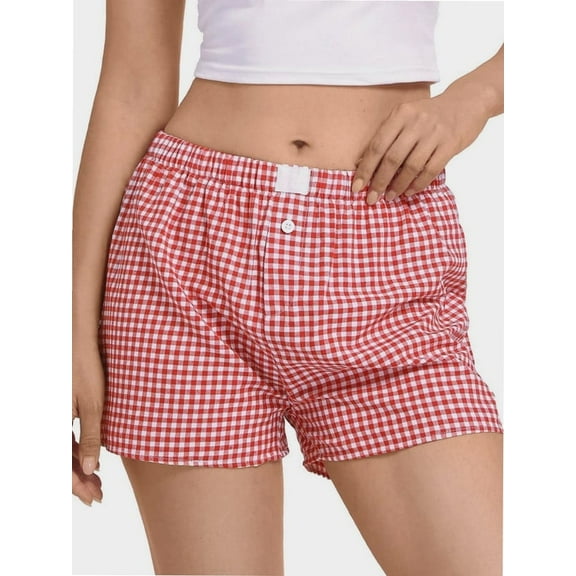 Plaid Shorts for Women Casual Elastic Waist Aesthetic Lounge Bottom Baggy Pajama Shorts Boxers Sleepwearpwear