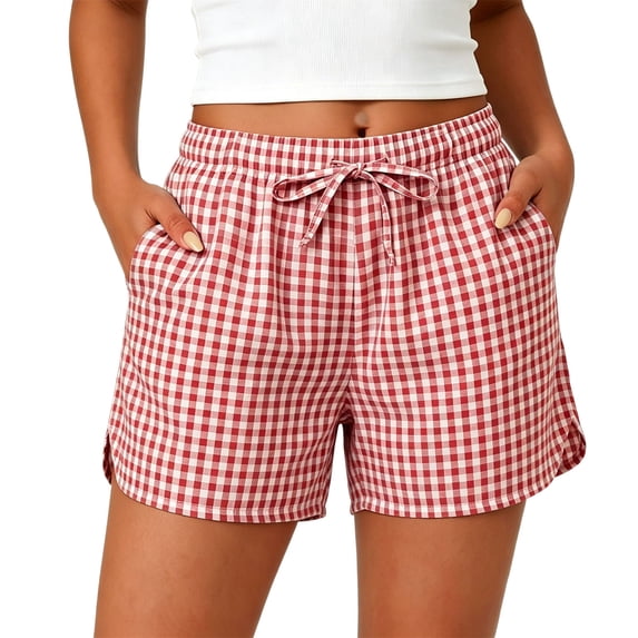 Plaid Shorts for Women Drawstring Elastic Waist with Pockets Lightweight Summer Beach Lounge Shorts