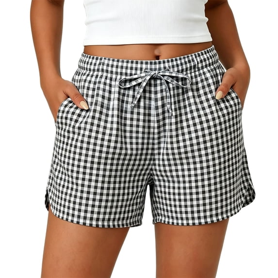 Plaid Shorts for Women Drawstring Elastic Waist with Pockets Lightweight Summer Beach Lounge Shorts