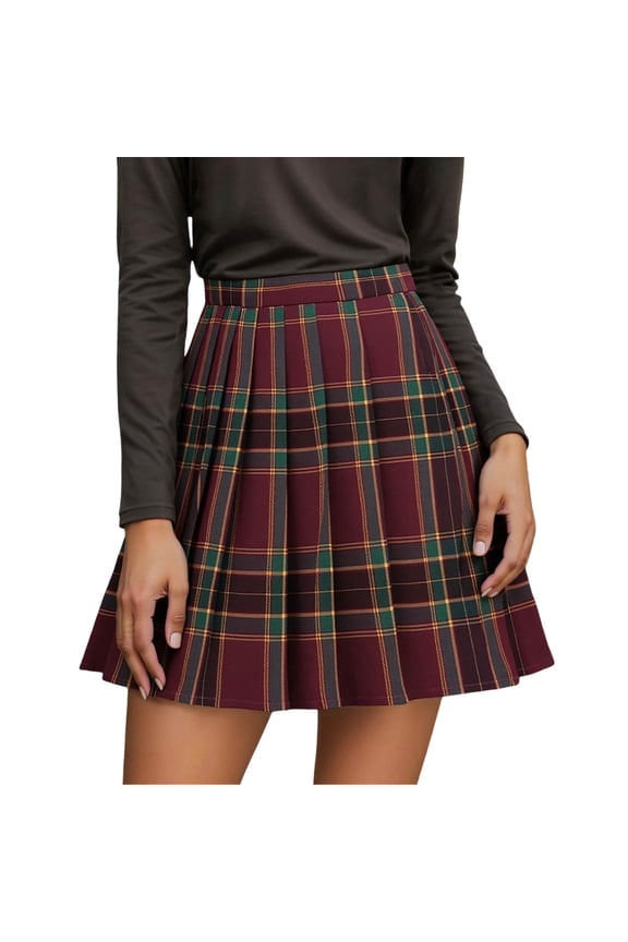 Plaid Skirt for Women Casual Mini Pleated Skirt High Waist A Line Tartan Skirt Relaxed Fit Spring Fall Red L