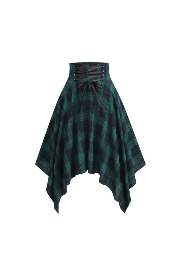 Plaid Skirt for Women Goth Vintage High Waisted Lace-Up Flowy Asymmetrical Skater Skirt Y2k Clothing Army Green, XXL