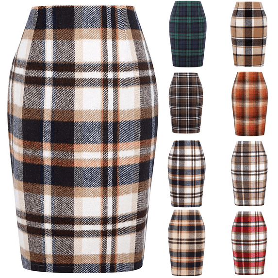 Plaid Skirts for Women Fall Winter Knee Length Pencil Skirt with Slit