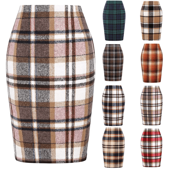 Plaid Skirts for Women Fall Winter Knee Length Pencil Skirt with Slit