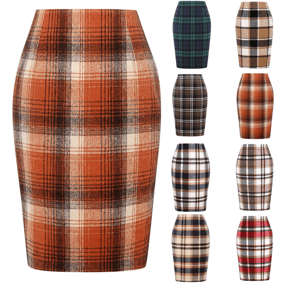 Plaid Skirts for Women Fall Winter Knee Length Pencil Skirt with Slit