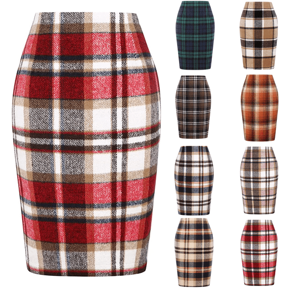 Plaid Skirts for Women Fall Winter Knee Length Pencil Skirt with Slit