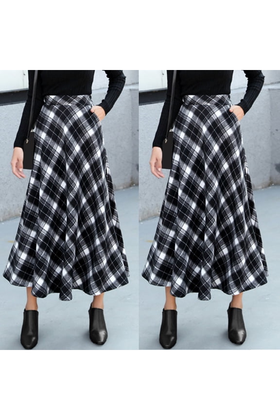 Plaid Skirts for Women Retro Casual Flowy Skirt Classic Loose Swing High Waiste Womens Long Skirt Black XXL