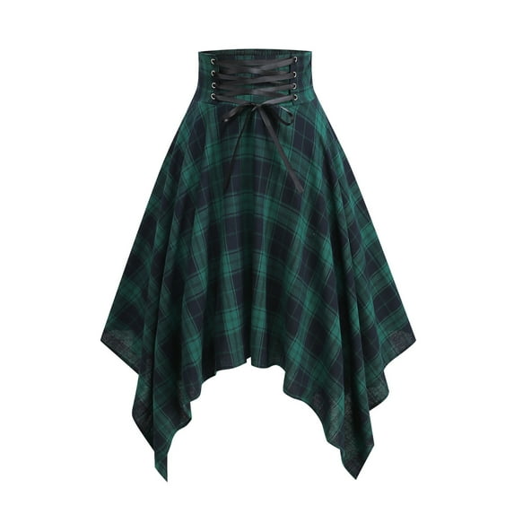 Plaid Skirts for Women Vintage Laceup Elastic Waisted Irregular Handkerchief Hem Mini Skater Skirt