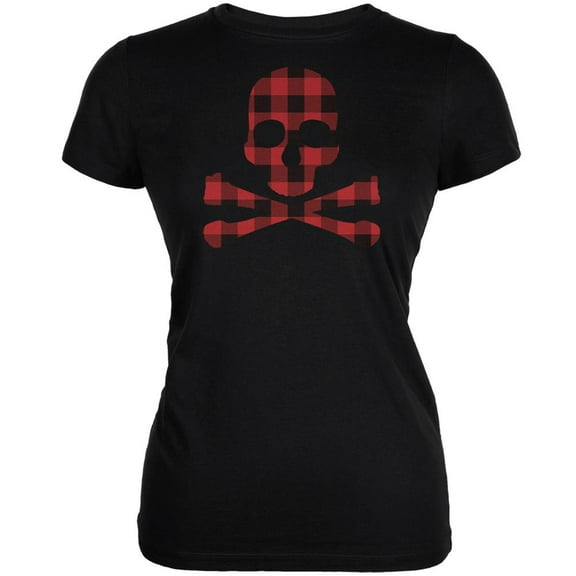 Plaid Skull & Crossbones Black Juniors Soft T-Shirt - Medium