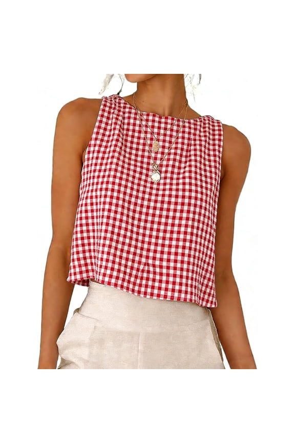 Plaid Sleeveless Tops for Women, Loose Fits Lightweight Summer Tank Tops, Round Neck Casual Camisole,Red,M