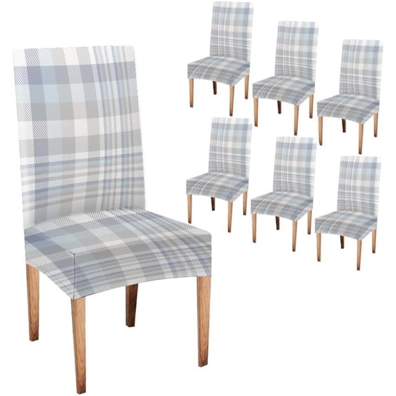 Plaid Slip Covers for Dining Chairs Set of 6 Seamless Plaid Check Pattern in Blue Grey Pale Beige and White Stretch Dining Chair Cover Washable Spandex Kitchen Parsons Chair Slipcovers