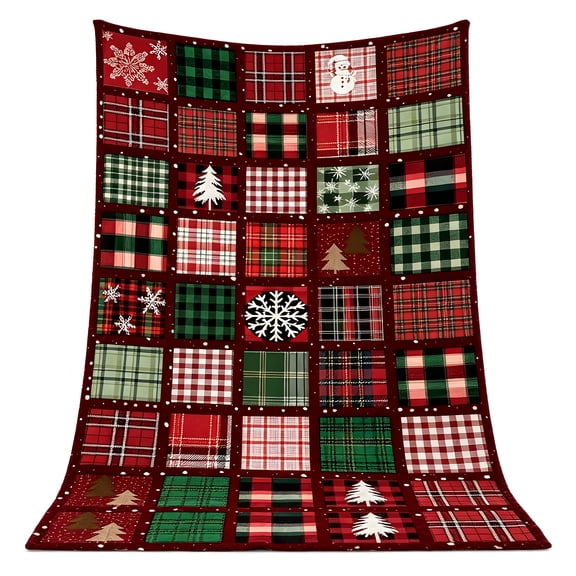 Plaid Snowflake Christmas Patchwork Print Flannel Throw Blanket, 30 x 40, 40 x 50, 50 x 60, 60 x 80 Inches, Soft Cozy Blanket for Sofa Bed