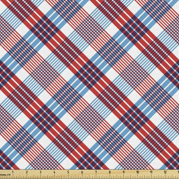 Plaid Sofa Upholstery Fabric by the Yard, Checkered Pattern with Diagonal Stripes Antique Nostalgic Composition, Decorative Fabric for DIY Home Accents, 10 Yards, Vermilion Navy Blue by Ambesonne