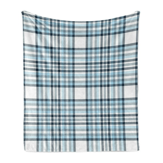 Plaid Soft Flannel Fleece Blanket, Repetitive Traditional Lines Squares Tiles on Plain Background Illustration, Cozy Plush for Indoor and Outdoor Use, 50" x 60", White and Blue Grey, by Ambesonne