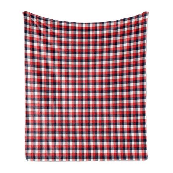 Plaid Soft Flannel Fleece Throw Blanket, Checkered Pattern Vintage Squares Tartan Motif Abstract Traditional, Cozy Plush for Indoor and Outdoor Use, 70" x 90", Vermilion Dark Blue, by Ambesonne