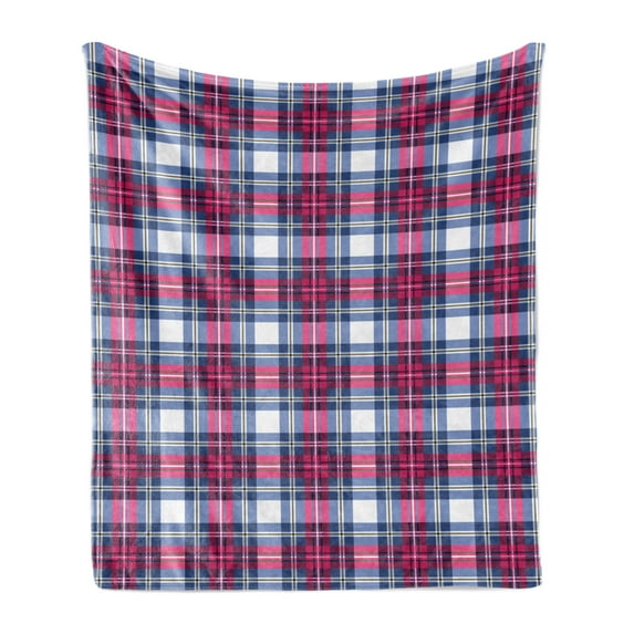 Plaid Soft Flannel Fleece Throw Blanket, Classical British Tartan Design with a Modern Look Pink and Blue Tile Pattern, Cozy Plush for Indoor and Outdoor Use, 70" x 90", Blue Pink Grey, by Ambesonne