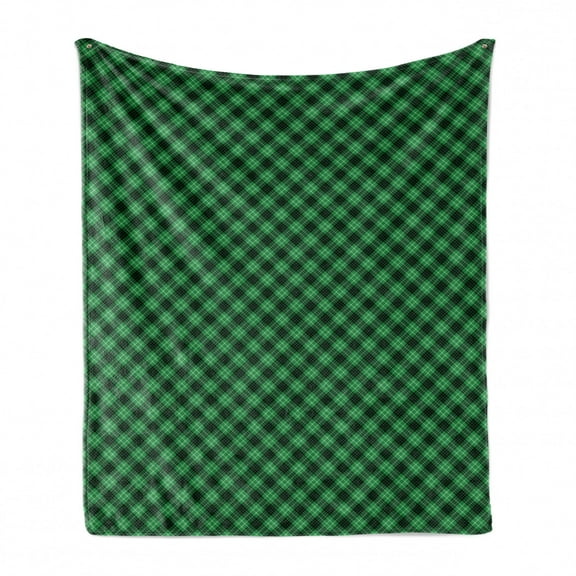 Plaid Soft Flannel Fleece Throw Blanket, Diagonal Tartan Vibrant Green Color Geometrical Design Stripes Checks, Cozy Plush for Indoor and Outdoor Use, 50" x 70", Green Black White, by Ambesonne