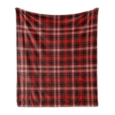 Plaid Soft Flannel Fleece Throw Blanket, Nostalgic Striped Pattern from British Country Constrasting Colors, Cozy Plush for Indoor and Outdoor Use, 50" x 60", Scarlet Black White, by Ambesonne