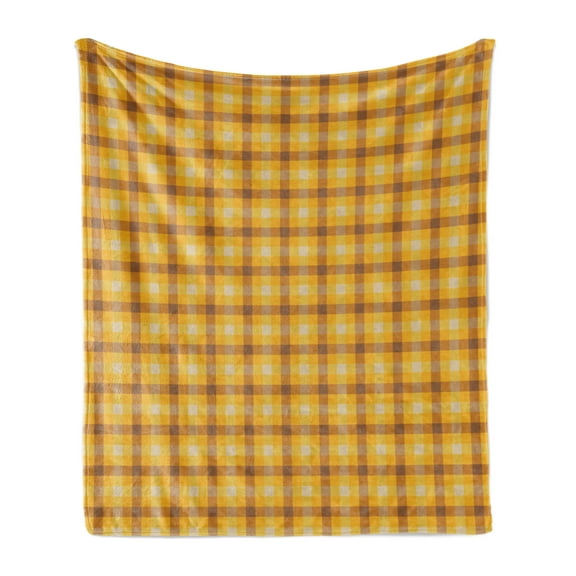 Plaid Soft Flannel Fleece Throw Blanket, Repeating Traditional Geometric Stripes Crossed Illustration Print, Cozy Plush for Indoor and Outdoor Use, 60" x 80", Mustard Pale Cinnamon, by Ambesonne