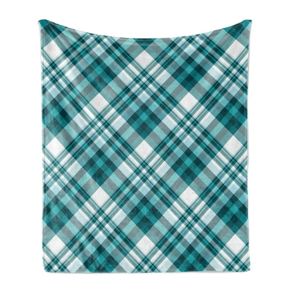 Plaid Soft Flannel Fleece Throw Blanket, Tartan Pattern from Checkered Like Layout Classic Striped Squares, Cozy Plush for Indoor and Outdoor Use, 60" x 80", Petrol Blue and Pale Blue, by Ambesonne