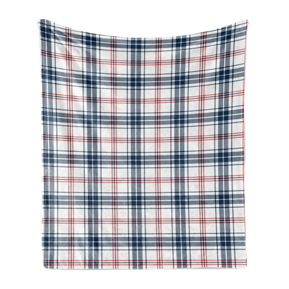 Plaid Soft Flannel Fleece Throw Blanket, Traditional Checkered British Country Pattern with Geometric Design, Cozy Plush for Indoor and Outdoor Use, 50" x 70", Vermilion Navy Blue, by Ambesonne