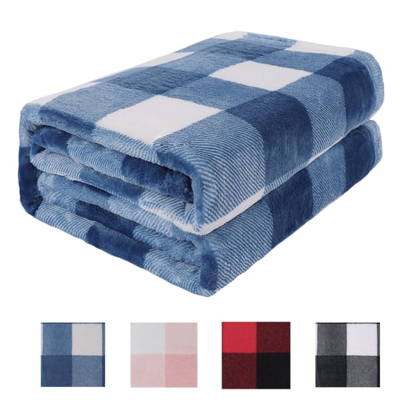 Plaid Soft Plush Fleece Blanket for Sofa Couch Bed, 30" x 40", Blue and White