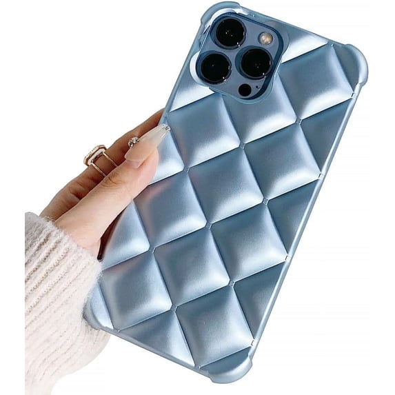 Plaid Solid Color Luxury Four Corners Anti Drop TPU Case Compatible with iPhone Case (Blue,iPhone 12)