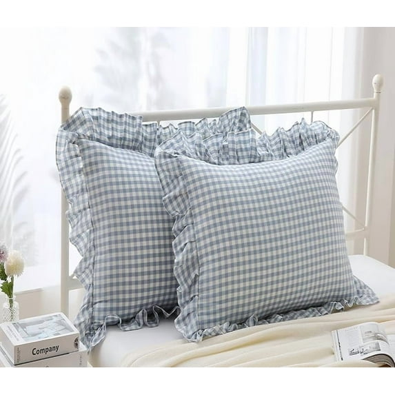 Plaid Square Pillow Shams with Ruffles Checkered Throw Pillow Covers 18"x18" 2-Pack,Gingham Pillowcases Washed Cotton Zipper Clousure for Cottage Bed/Sofa (Dust Blue and White, 18"x18")