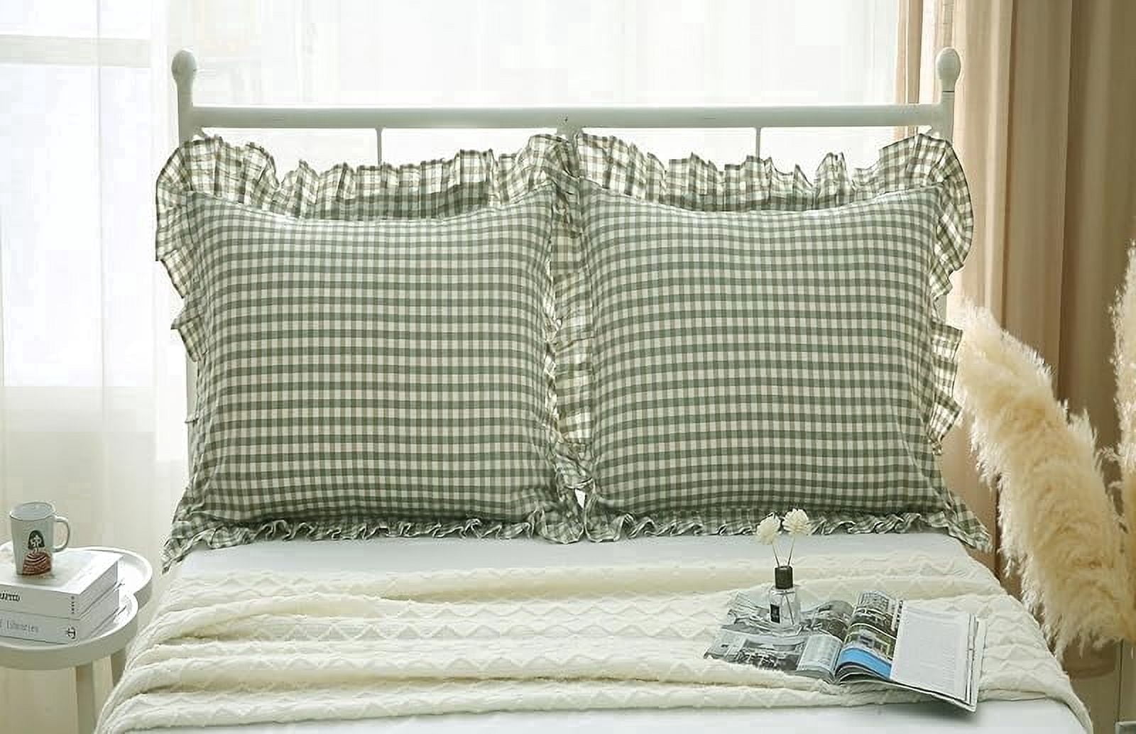 Plaid Square Pillow Shams with Ruffles Checkered Throw Pillow Covers 18"x18" 2-Pack,Gingham Pillowcases Washed Cotton Zipper Clousure for Cottage Bed/Sofa (Sage Green and White, 18"x18")