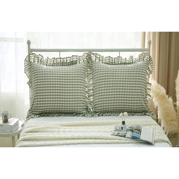 Plaid Square Pillow Shams with Ruffles Checkered Throw Pillow Covers 18"x18" 2-Pack,Gingham Pillowcases Washed Cotton Zipper Clousure for Cottage Bed/Sofa (Sage Green and White, 18"x18")