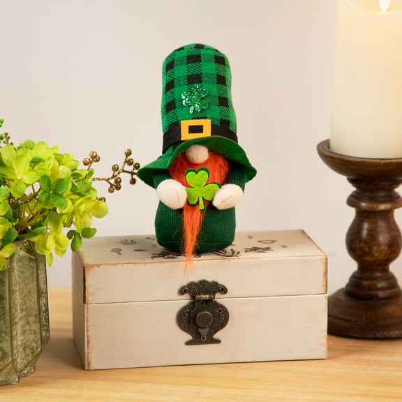 Plaid St. Patrick's Day Gnome with Shamrocks - 7" - Green and Black