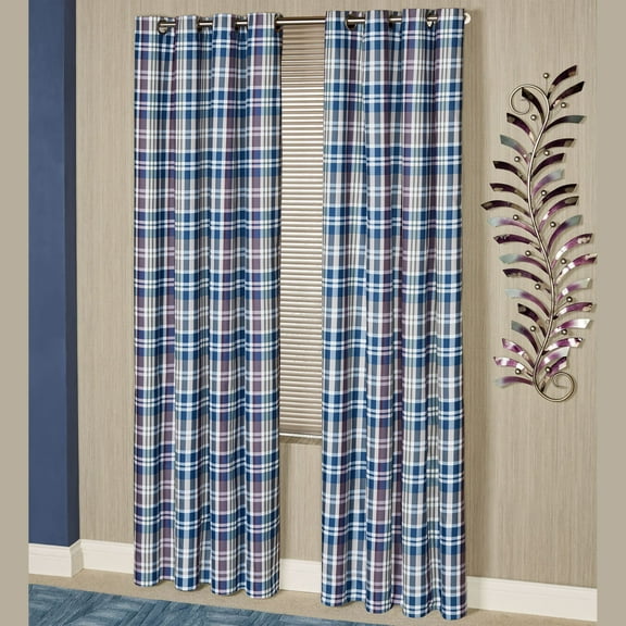 Plaid Stratton Indigo Blue Petunia Deep Purple Zinc Dark Slate Wide Window Curtain Pair Grommet 100 x 84 Inches