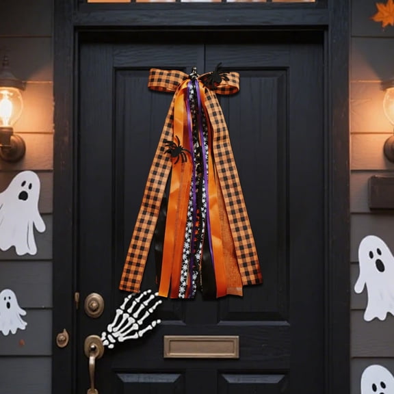 Plaid Streamer Ribbon Bow with Spider Accent, Halloween Front Door Hanging Ornament, Spooky Season Garland Decoration for Entryway Wall, Porch and Indoor Halloween Party Layout Decor, Orange-B