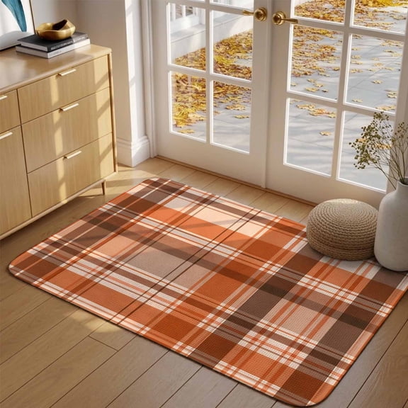 Plaid Stripe Front Door Mat Indoor Entrance, Gingham Minimalist Terracotta Orange Grid Line Absorbent Dirt Resist Welcome Mats Non-Slip Low-Profile Doormat Washable Entry Rug Indoor 17x30 Inch