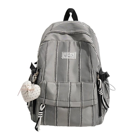 Plaid Stripe School Backpack, Waterproof Laptop Backpack with Pendant, Nylon Lightweight Bag for Travel Work College, Black