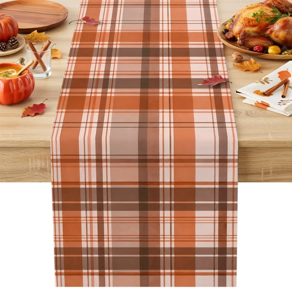 Plaid Stripe Table Runner, Gingham Minimalist Terracotta Orange Grid Line Cotton Linen Kitchen Table Decoration Washable Dining Tabletop Runners for Home Party Decor 13x36 Inches