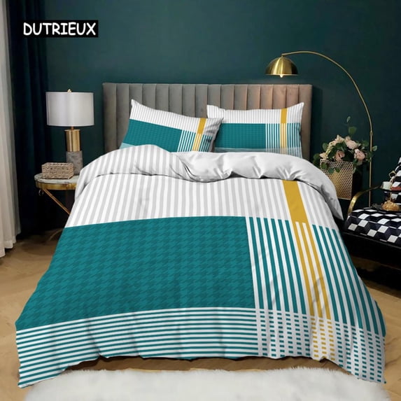 Plaid Striped Duvet Cover Set 23 Pieces King Size Blue And White Plaid With Golden Stripes Bedding S