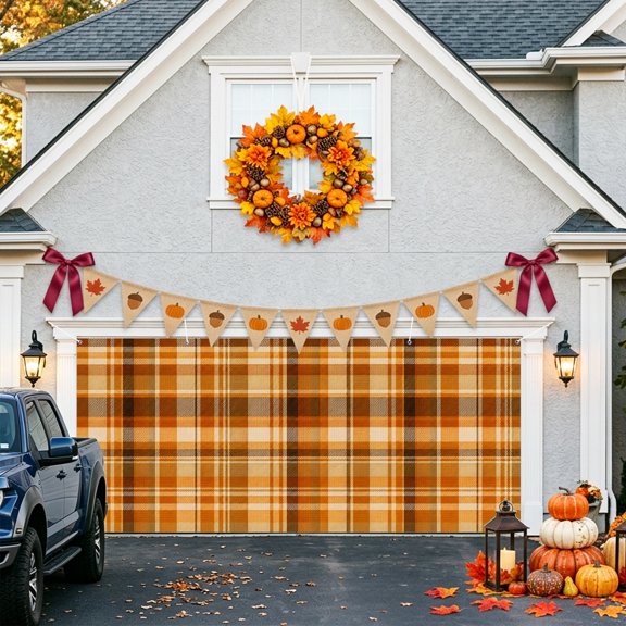 Plaid Stripes Garage Door Banner Covers, Rustic Minimalist Orange Cream Gingham Grid Lines Large Hanging Indoor/Outdoor Backdrop Background for Christmas Winter Party Decor, 6.9x16ft