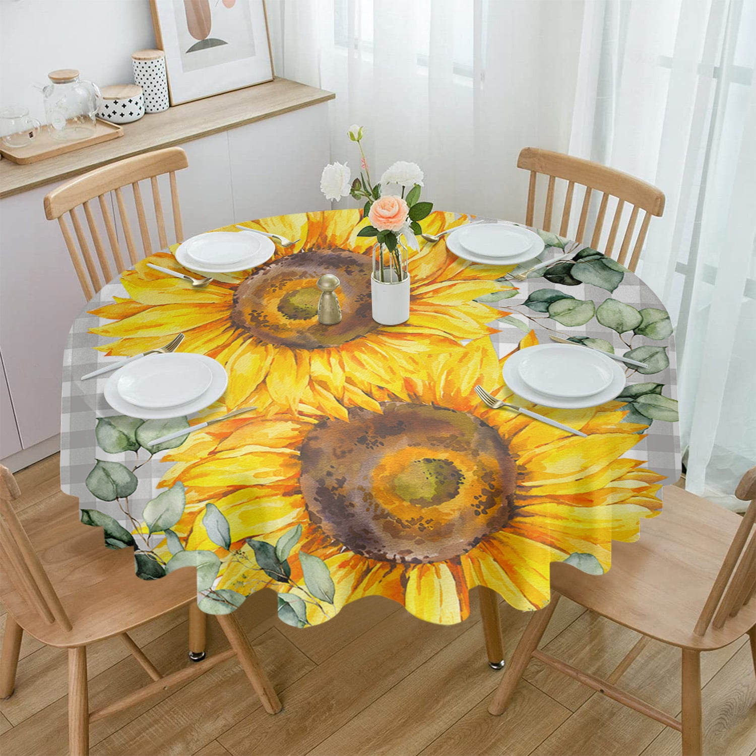 Plaid Sunflower Tablecloths for Dining Table Waterproof Round Table