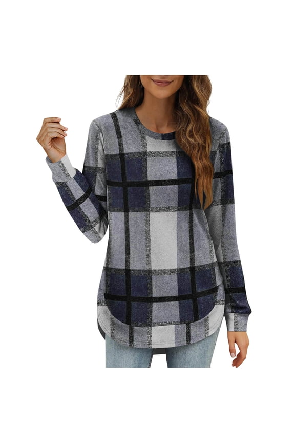 Plaid Sweatshirt for Women Crewneck Long Sleeve Shirts Curved Hem Lightweight Sweaters Fall Winter Clothes 2025