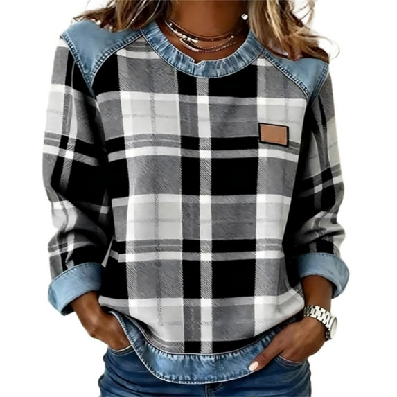 Plaid Sweatshirts Womens Long Sleeve Jean Denim Patchwork Trendy Tops Crew Neck Blouses Loose Pullover Shirts (2XL, Black)