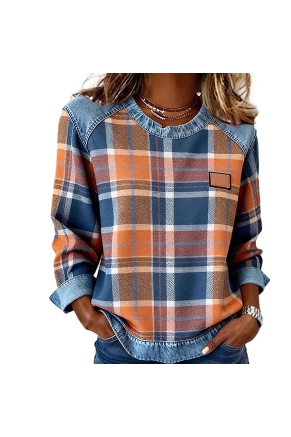 Plaid Sweatshirts Womens Long Sleeve Jean Denim Patchwork Trendy Tops Crew Neck Blouses Loose Pullover Shirts (2XL, Orange)