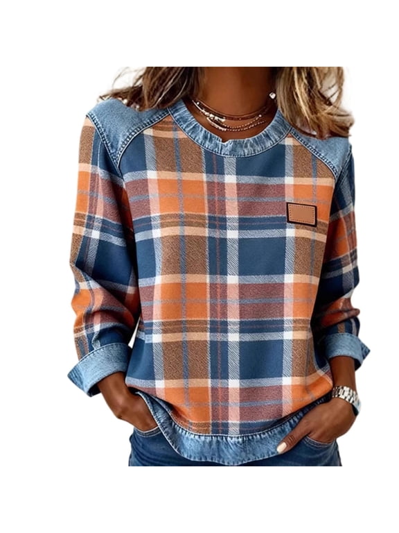 Plaid Sweatshirts Womens Long Sleeve Jean Denim Patchwork Trendy Tops Crew Neck Blouses Loose Pullover Shirts (L, Orange)