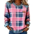 thumbnail image 1 of Plaid Sweatshirts Womens Long Sleeve Jean Denim Patchwork Trendy Tops Crew Neck Blouses Loose Pullover Shirts (XL, Pink), 1 of 6
