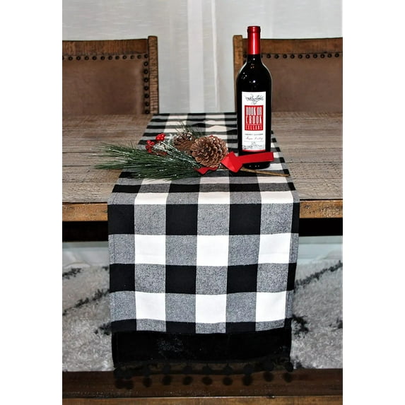 Plaid Table Runner – Buffalo Check Table Runner – Large Table Runner for Home Décor – Soft Cotton Blend – Premium Dining Table Runner for Christmas and Parties (72" Pom Pom Table Runner)