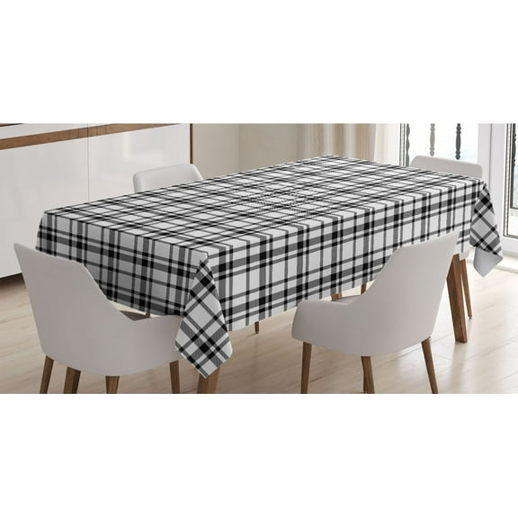 Plaid Tablecloth, Black and White Tartan Pattern Graphic Grid Art Design with Traditional Influences, Rectangle Satin Table Cover for Dining Room and Kitchen, 52" X 70", Black White, by Ambesonne