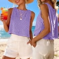 thumbnail image 1 of Plaid Tank Tops for Women Linen Look Round Neck Cropped Sleeveless Shirt Lightweight Boho Casual Beach Vacation Summer Tanks with Ornamental Button Purples XL, 1 of 9