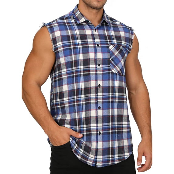 Plaid Tank Tops for Men Frayed Edge Button Down Shirt Casual Sleeveless Tops with Chest Pocket Summer Casual Outfits Blue 2XL